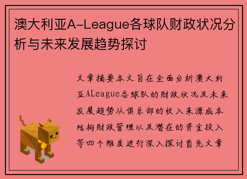 澳大利亚A-League各球队财政状况分析与未来发展趋势探讨