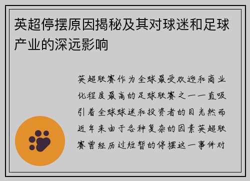 英超停摆原因揭秘及其对球迷和足球产业的深远影响 英超停摆原因揭秘及其对球迷和足球产业的深远影响