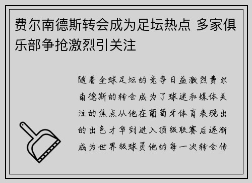 费尔南德斯转会成为足坛热点 多家俱乐部争抢激烈引关注