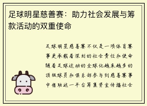 足球明星慈善赛：助力社会发展与筹款活动的双重使命